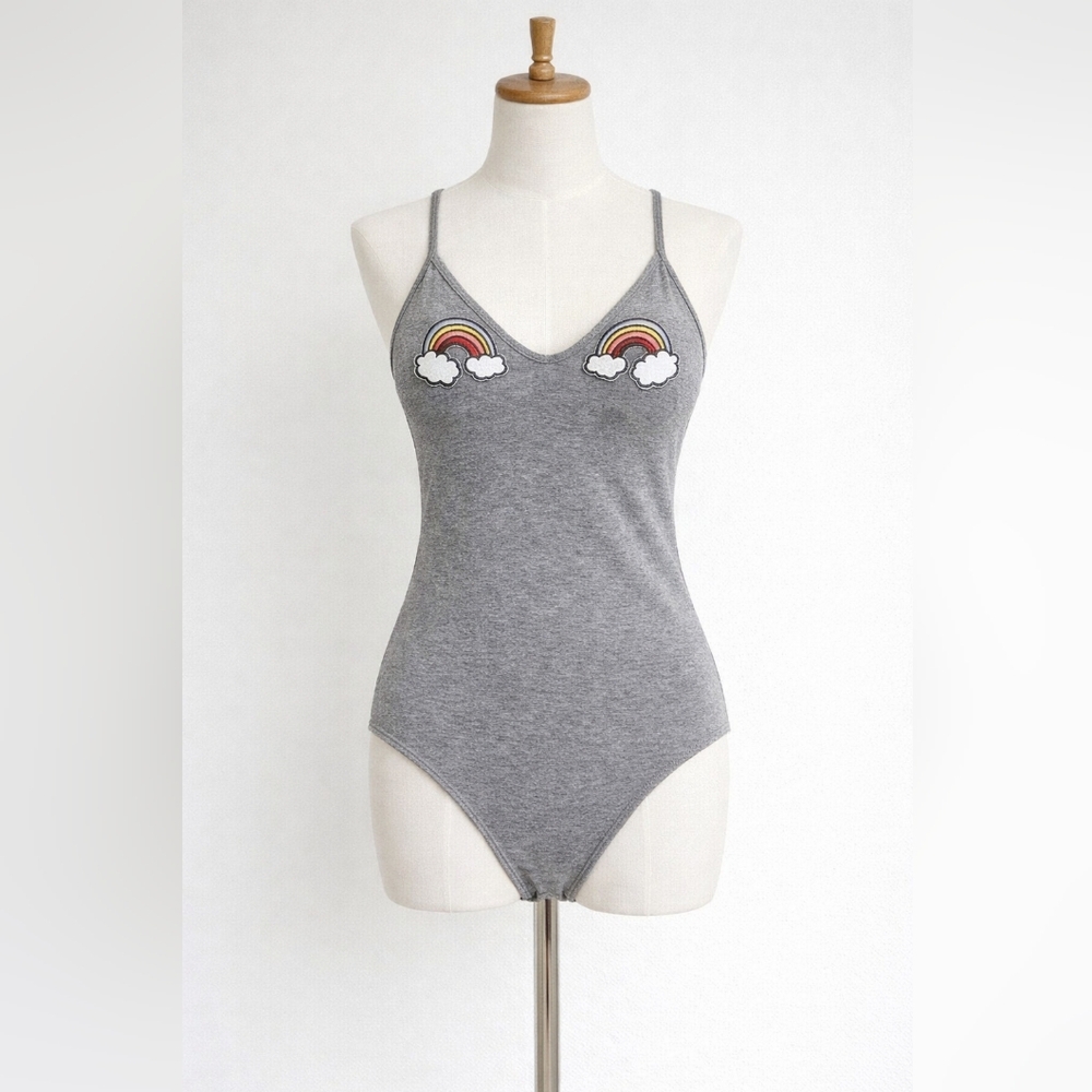 Forever 21 Gray Bodysuit with Rainbow Embroidery